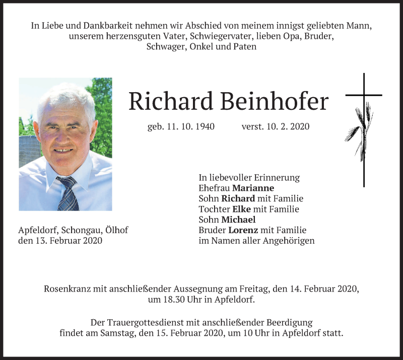  Traueranzeige für Richard Beinhofer vom 13.02.2020 aus merkurtz