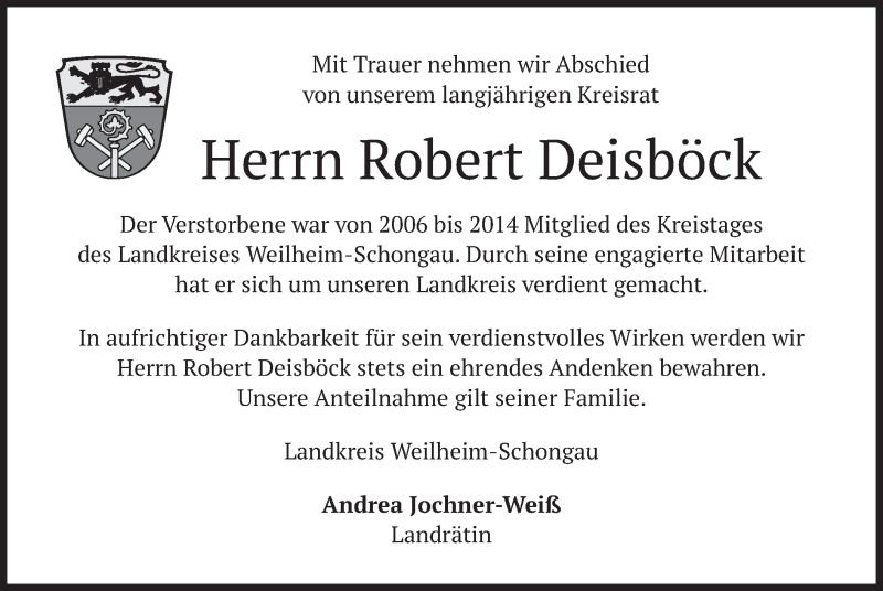  Traueranzeige für Robert Deisböck vom 11.02.2020 aus merkurtz
