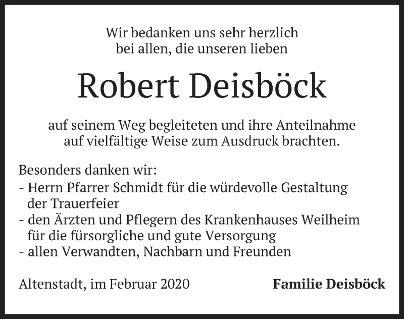  Traueranzeige für Robert Deisböck vom 29.02.2020 aus merkurtz