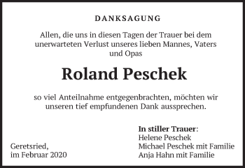 Traueranzeige von Roland Peschek von merkurtz