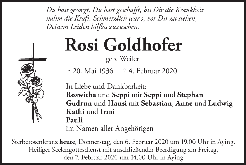  Traueranzeige für Rosi Goldhofer vom 06.02.2020 aus merkurtz