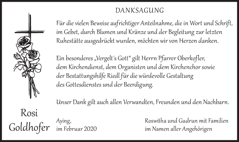  Traueranzeige für Rosi Goldhofer vom 29.02.2020 aus merkurtz