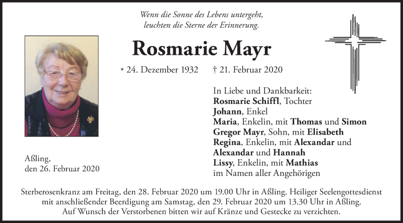  Traueranzeige für Rosmarie Mayr vom 26.02.2020 aus merkurtz
