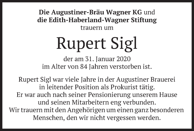  Traueranzeige für Rupert Sigl vom 05.02.2020 aus merkurtz