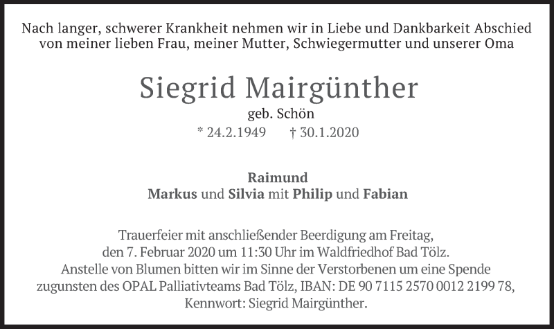  Traueranzeige für Siegrid Mairgünther vom 04.02.2020 aus merkurtz