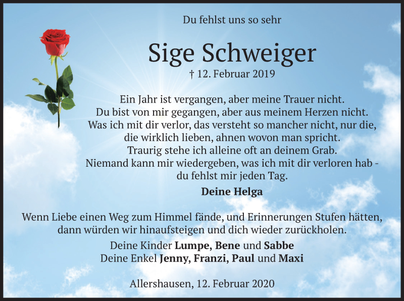  Traueranzeige für Sige Schweiger vom 12.02.2020 aus merkurtz