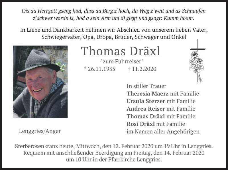  Traueranzeige für Thomas Dräxl vom 12.02.2020 aus merkurtz