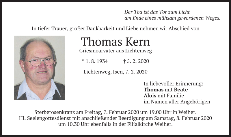 Traueranzeige für Thomas Kern vom 07.02.2020 aus merkurtz