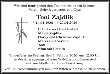 Traueranzeige von Toni Zajdlik von merkurtz
