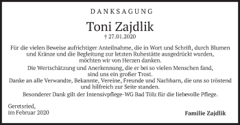 Traueranzeige von Toni Zajdlik von merkurtz