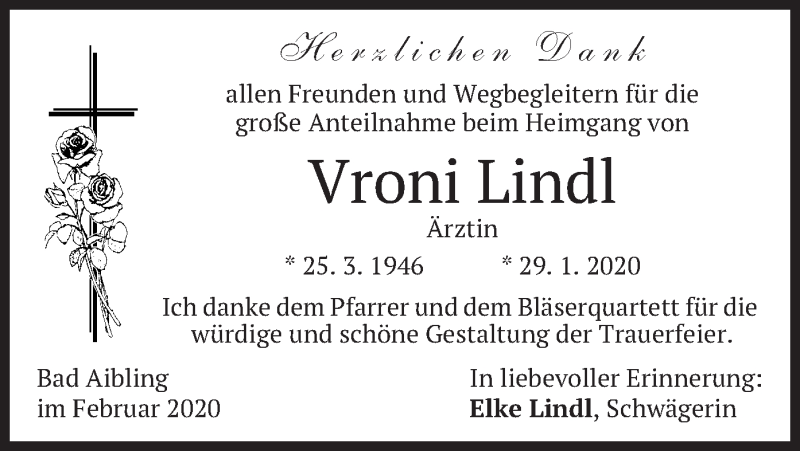  Traueranzeige für Vroni Lindl vom 21.02.2020 aus merkurtz