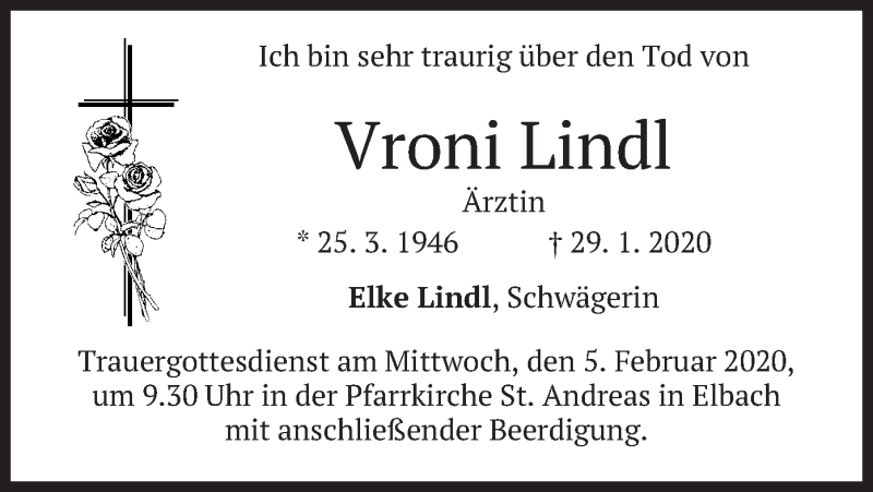  Traueranzeige für Vroni Lindl vom 04.02.2020 aus merkurtz