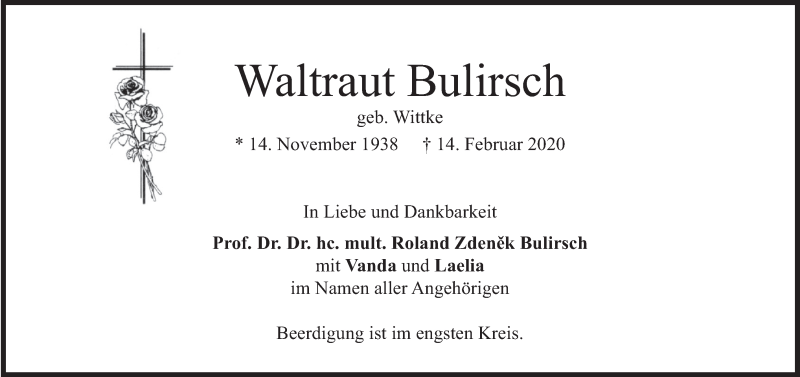  Traueranzeige für Waltraut Bulirsch vom 17.02.2020 aus merkurtz