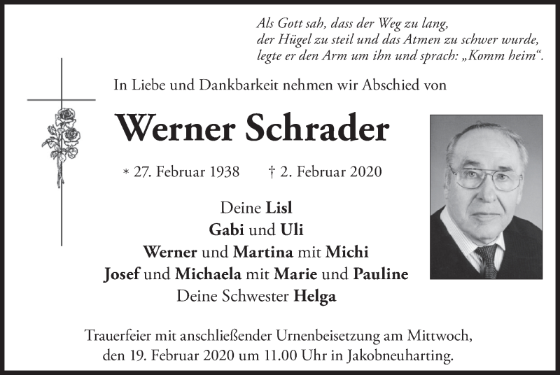  Traueranzeige für Werner Schrader vom 07.02.2020 aus merkurtz