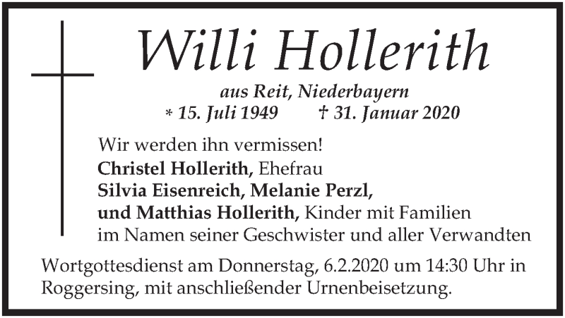  Traueranzeige für Willi Hollerith vom 04.02.2020 aus merkurtz