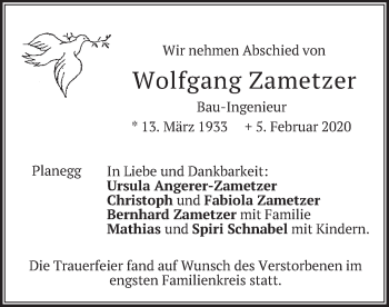 Traueranzeige von Wolfgang Zametzer von merkurtz