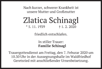 Traueranzeige von Zlatica Schinagl von merkurtz