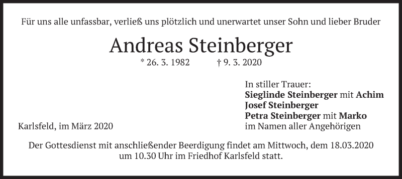  Traueranzeige für Andreas Steinberger vom 16.03.2020 aus merkurtz