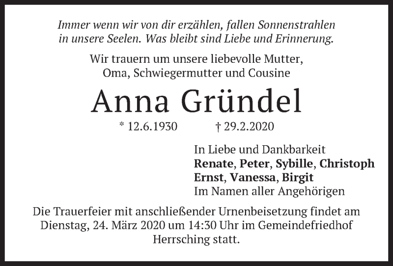  Traueranzeige für Anna Gründel vom 21.03.2020 aus merkurtz