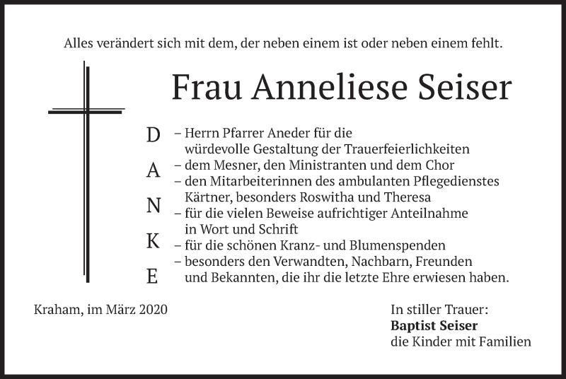  Traueranzeige für Anneliese Seiser vom 21.03.2020 aus merkurtz
