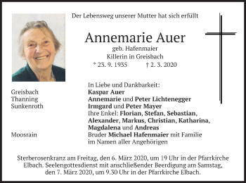 Traueranzeige von Annemarie Auer von merkurtz