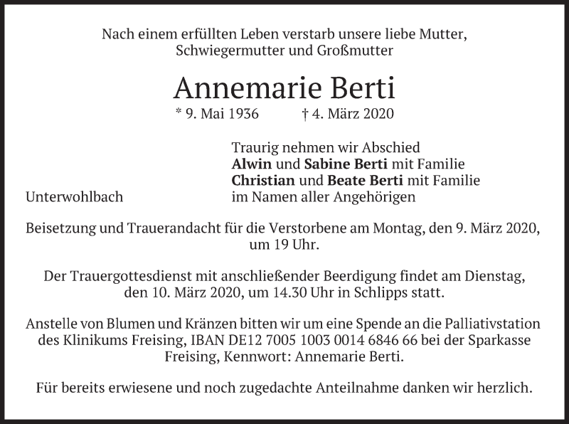 Traueranzeige für Annemarie Berti vom 06.03.2020 aus merkurtz