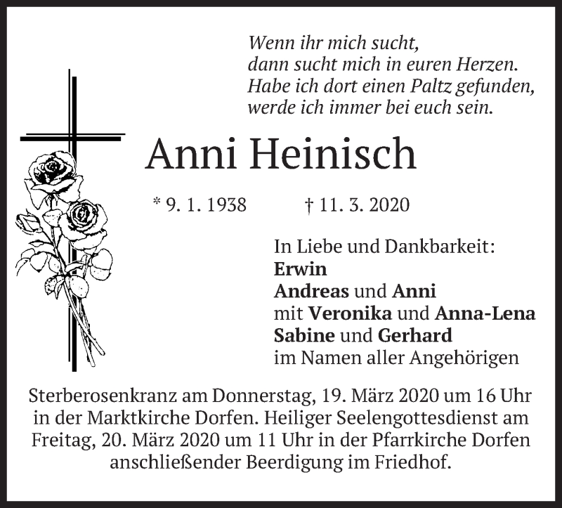  Traueranzeige für Anni Heinisch vom 14.03.2020 aus merkurtz