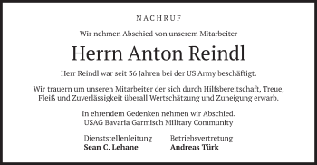 Traueranzeige von Anton Reindl von merkurtz