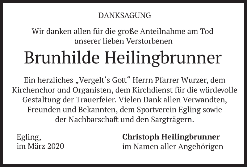  Traueranzeige für Brunhilde Heilingbrunner vom 13.03.2020 aus merkurtz