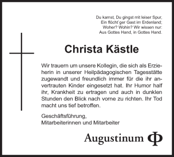 Traueranzeige von Christa Kästle von merkurtz