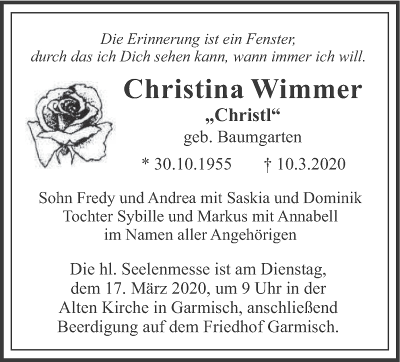  Traueranzeige für Christina Wimmer vom 13.03.2020 aus merkurtz