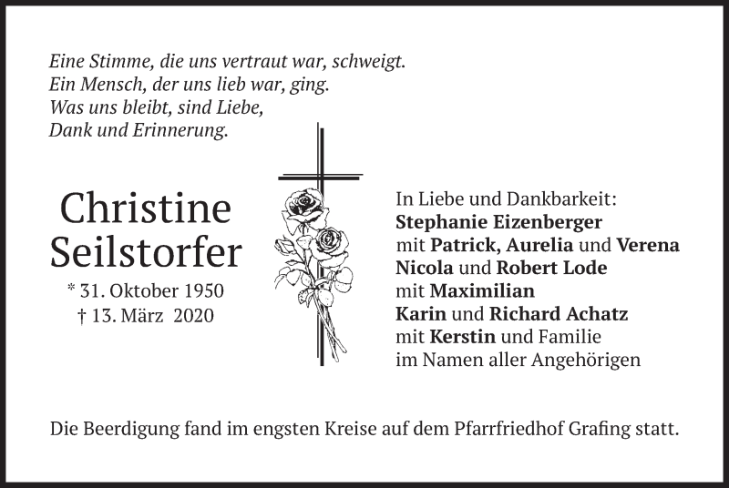  Traueranzeige für Christine Seilstorfer vom 21.03.2020 aus merkurtz