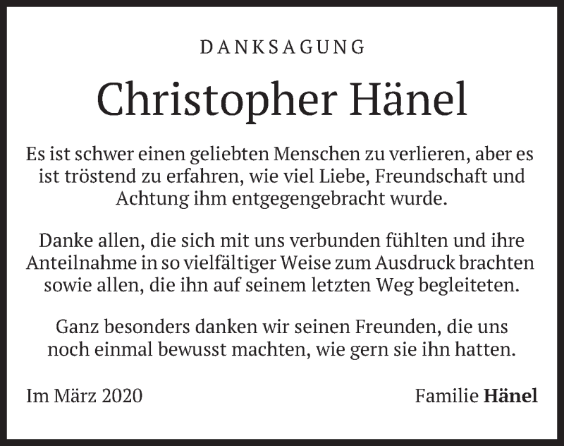  Traueranzeige für Christopher Hänel vom 21.03.2020 aus merkurtz