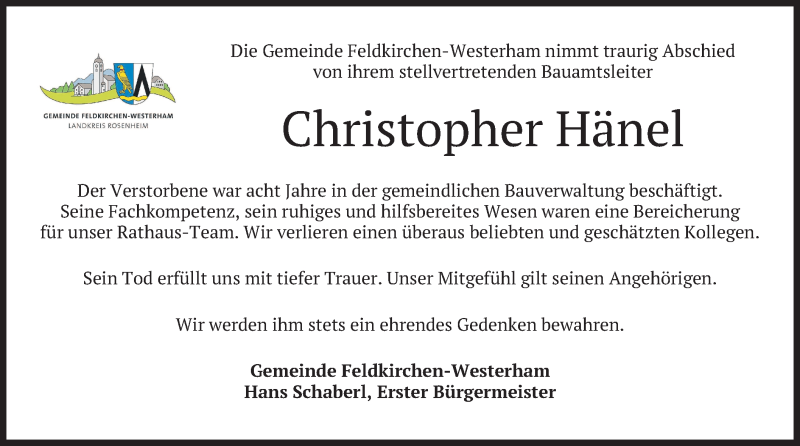  Traueranzeige für Christopher Hänel vom 11.03.2020 aus merkurtz