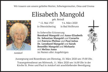 Traueranzeige von Elisabeth Mangold von merkurtz