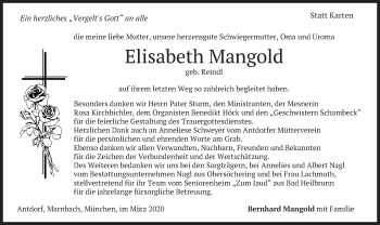 Traueranzeige von Elisabeth Mangold von merkurtz