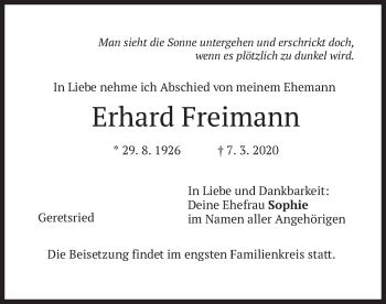 Traueranzeige von Erhard Freimann von merkurtz