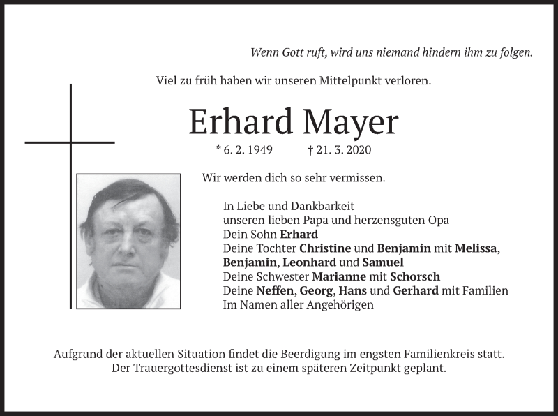  Traueranzeige für Erhard Mayer vom 25.03.2020 aus merkurtz
