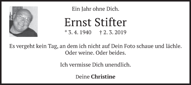  Traueranzeige für Ernst Stifter vom 02.03.2020 aus merkurtz