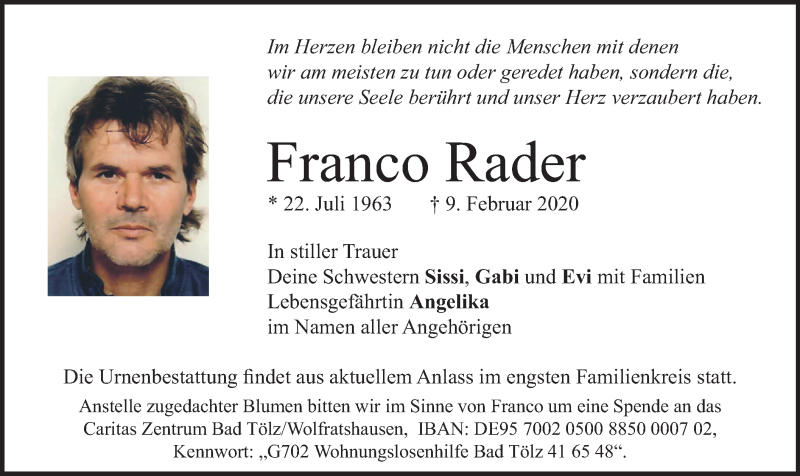  Traueranzeige für Franco Rader vom 21.03.2020 aus merkurtz