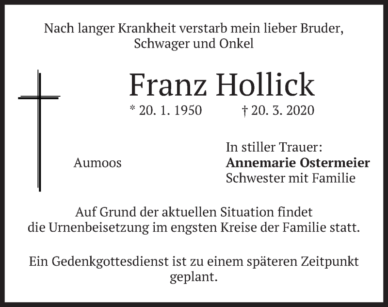  Traueranzeige für Franz Hollick vom 28.03.2020 aus merkurtz