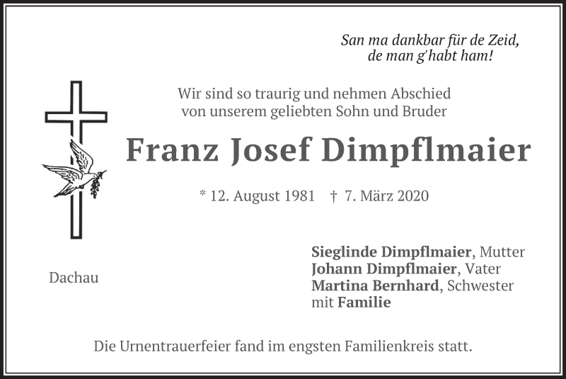  Traueranzeige für Franz Josef Dimpflmaier vom 21.03.2020 aus merkurtz