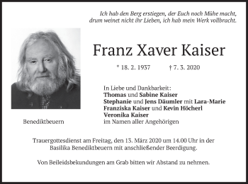 Traueranzeige von Franz Xaver  Kaiser von merkurtz