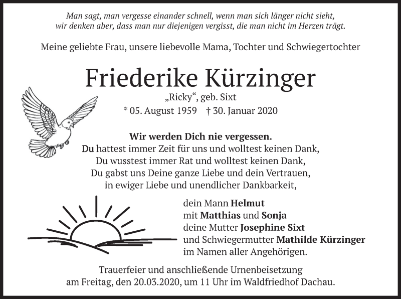  Traueranzeige für Friederike Kürzinger vom 14.03.2020 aus merkurtz