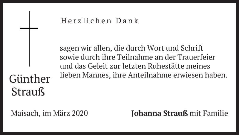  Traueranzeige für Günther Strauß vom 14.03.2020 aus merkurtz