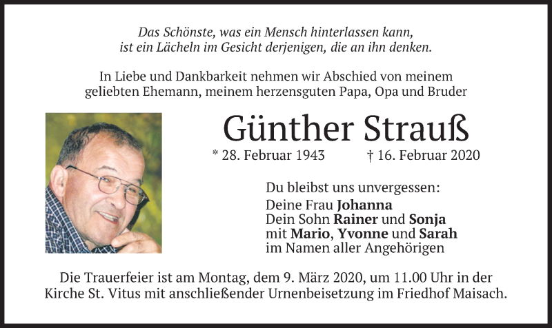  Traueranzeige für Günther Strauß vom 04.03.2020 aus merkurtz