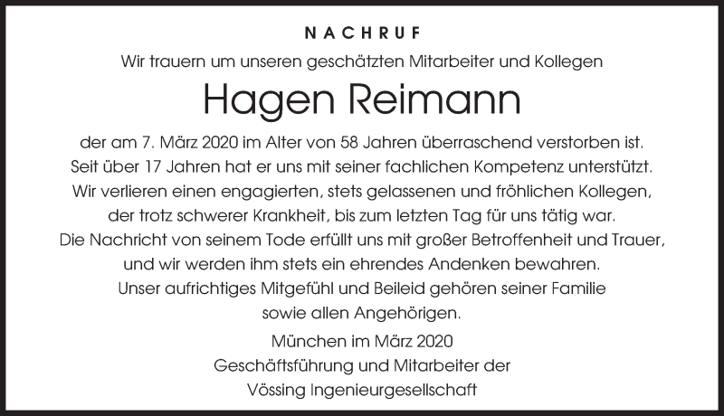  Traueranzeige für Hagen Reimann vom 26.03.2020 aus merkurtz