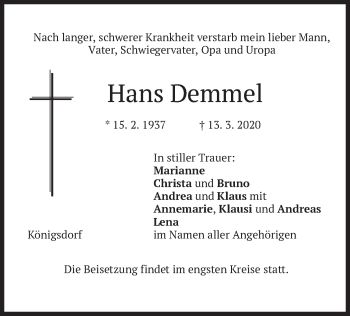 Traueranzeige von Hans Demmel von merkurtz
