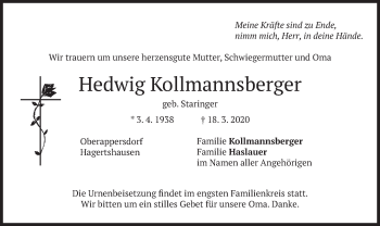 Traueranzeige von Hedwig Kollmannsberger von merkurtz