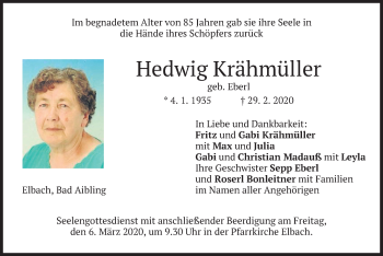 Traueranzeige von Hedwig Krähmüller von merkurtz